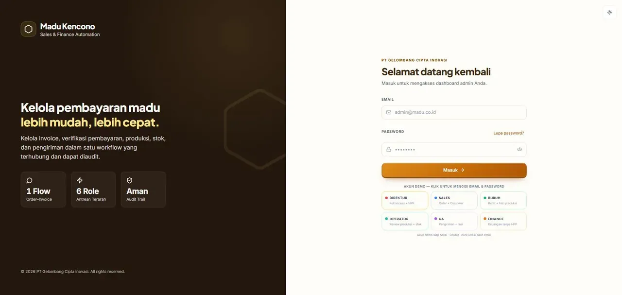 Tangkapan layar Madu Kencono Sales & Finance Automation